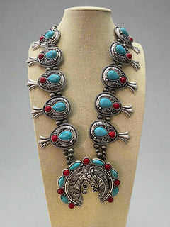 Western Faux Turquoise and Coral Statement Squash Blossom Set - 24 inch - Cowhide and Conchos