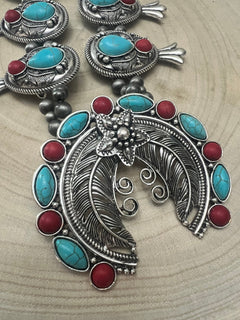 Western Faux Turquoise and Coral Statement Squash Blossom Set - 24 inch - Cowhide and Conchos