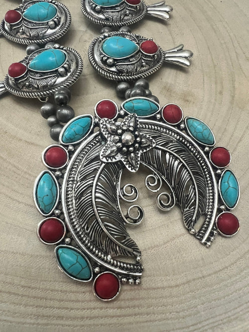 Western Faux Turquoise and Coral Statement Squash Blossom Set - 24 inch - Cowhide and Conchos
