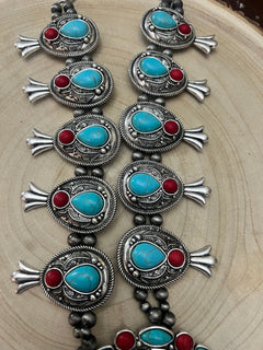 Western Faux Turquoise and Coral Statement Squash Blossom Set - 24 inch - Cowhide and Conchos