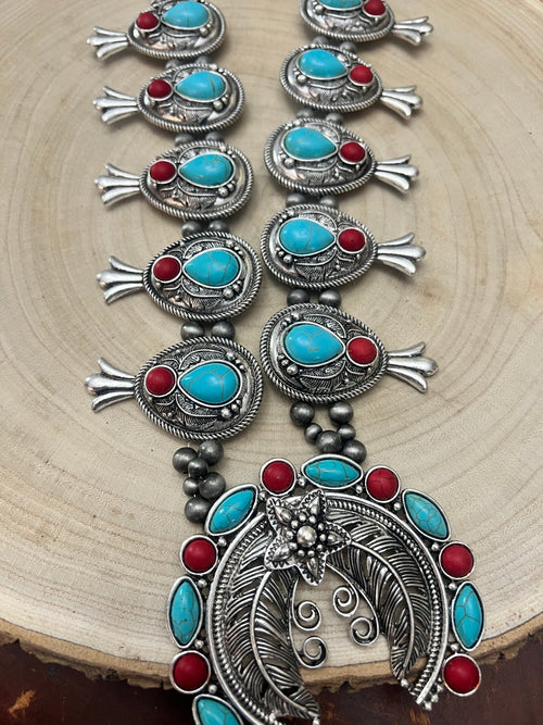 Western Faux Turquoise and Coral Statement Squash Blossom Set - 24 inch - Cowhide and Conchos