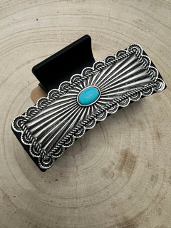 Western Faux Turquoise and Silver Claw Clip - Cowhide and Conchos