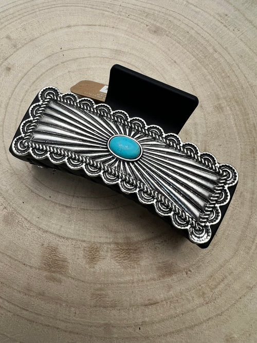 Western Faux Turquoise and Silver Claw Clip - Cowhide and Conchos