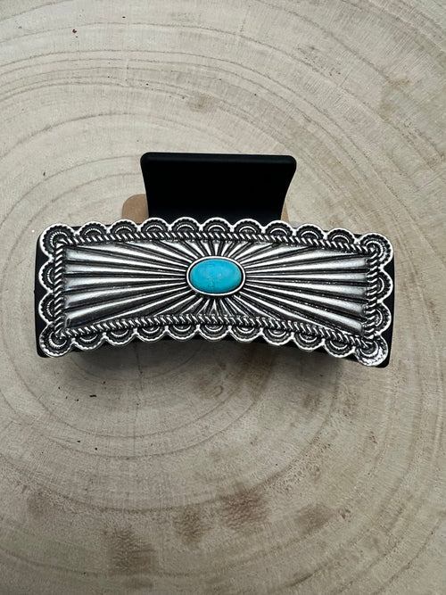 Western Faux Turquoise and Silver Claw Clip - Cowhide and Conchos