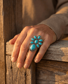 Western Faux Turquoise Cluster Adjustable Cuff Ring — Statement Size - Cowhide and Conchos