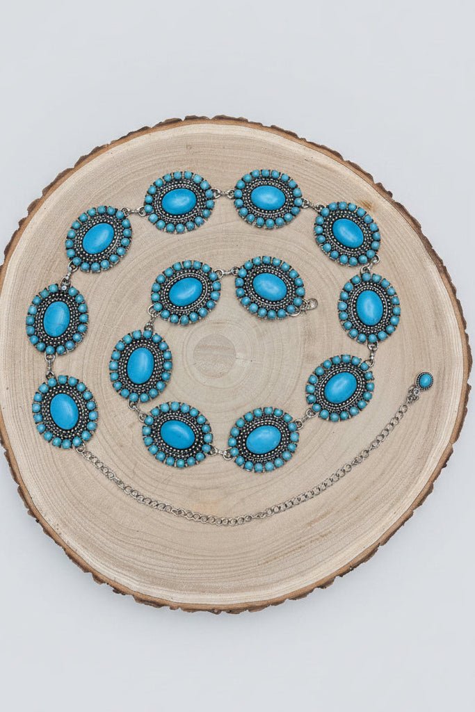 Western Faux Turquoise Cluster Concho Belt — 13 Conchos with 12" Extender & Turquoise Charm (One Size Fits Most) - Cowhide and Conchos