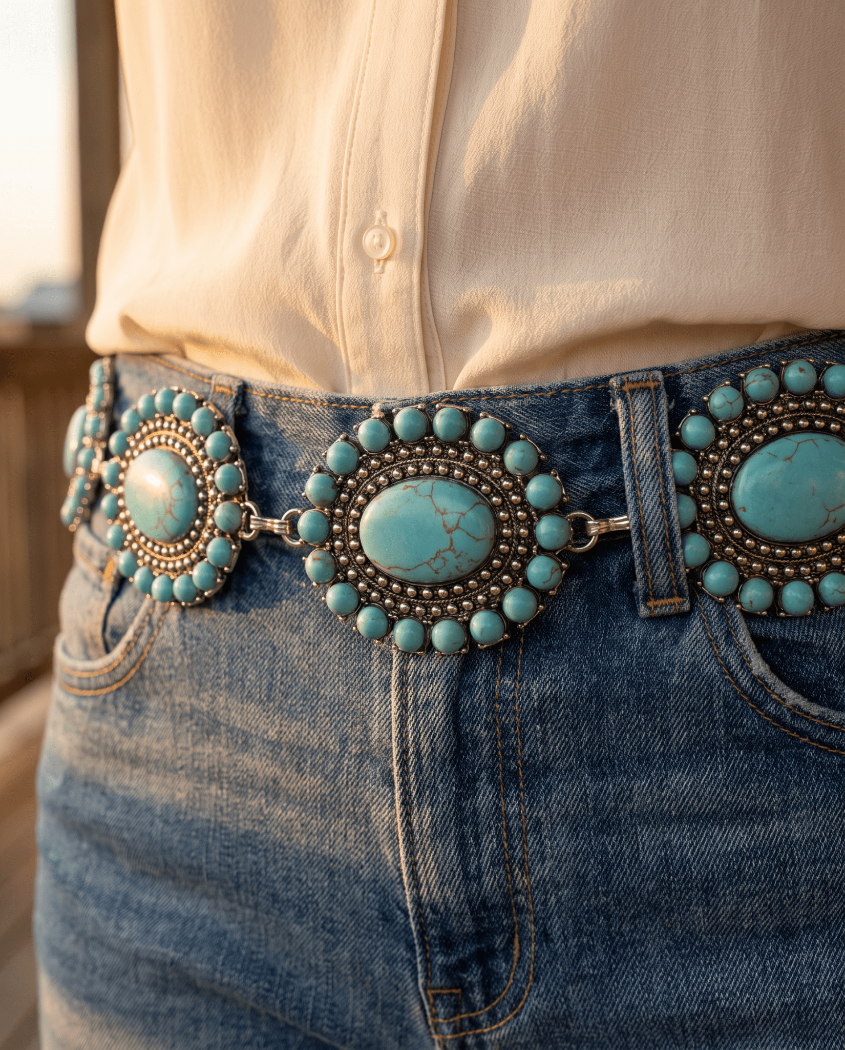 Western Faux Turquoise Cluster Concho Belt — 13 Conchos with 12" Extender & Turquoise Charm (One Size Fits Most) - Cowhide and Conchos