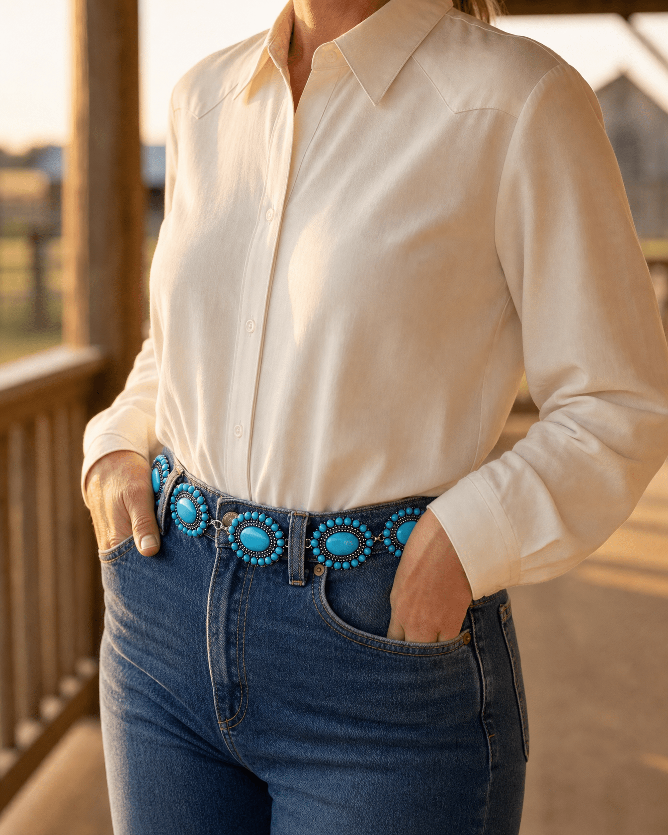 Western Faux Turquoise Cluster Concho Belt — 13 Conchos with 12" Extender & Turquoise Charm (One Size Fits Most) - Cowhide and Conchos