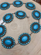 Western Faux Turquoise Cluster Concho Belt — 13 Conchos with 12" Extender & Turquoise Charm (One Size Fits Most) - Cowhide and Conchos