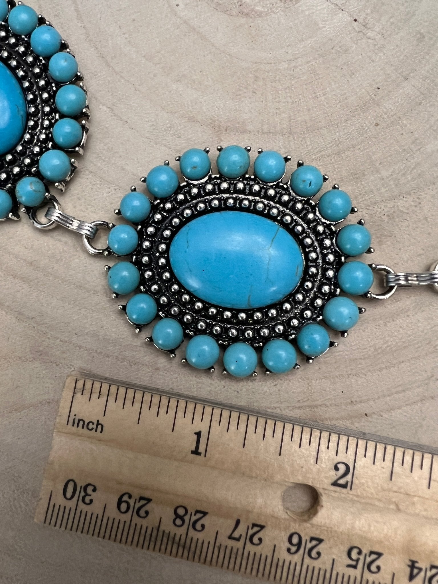 Western Faux Turquoise Cluster Concho Belt — 13 Conchos with 12" Extender & Turquoise Charm (One Size Fits Most) - Cowhide and Conchos