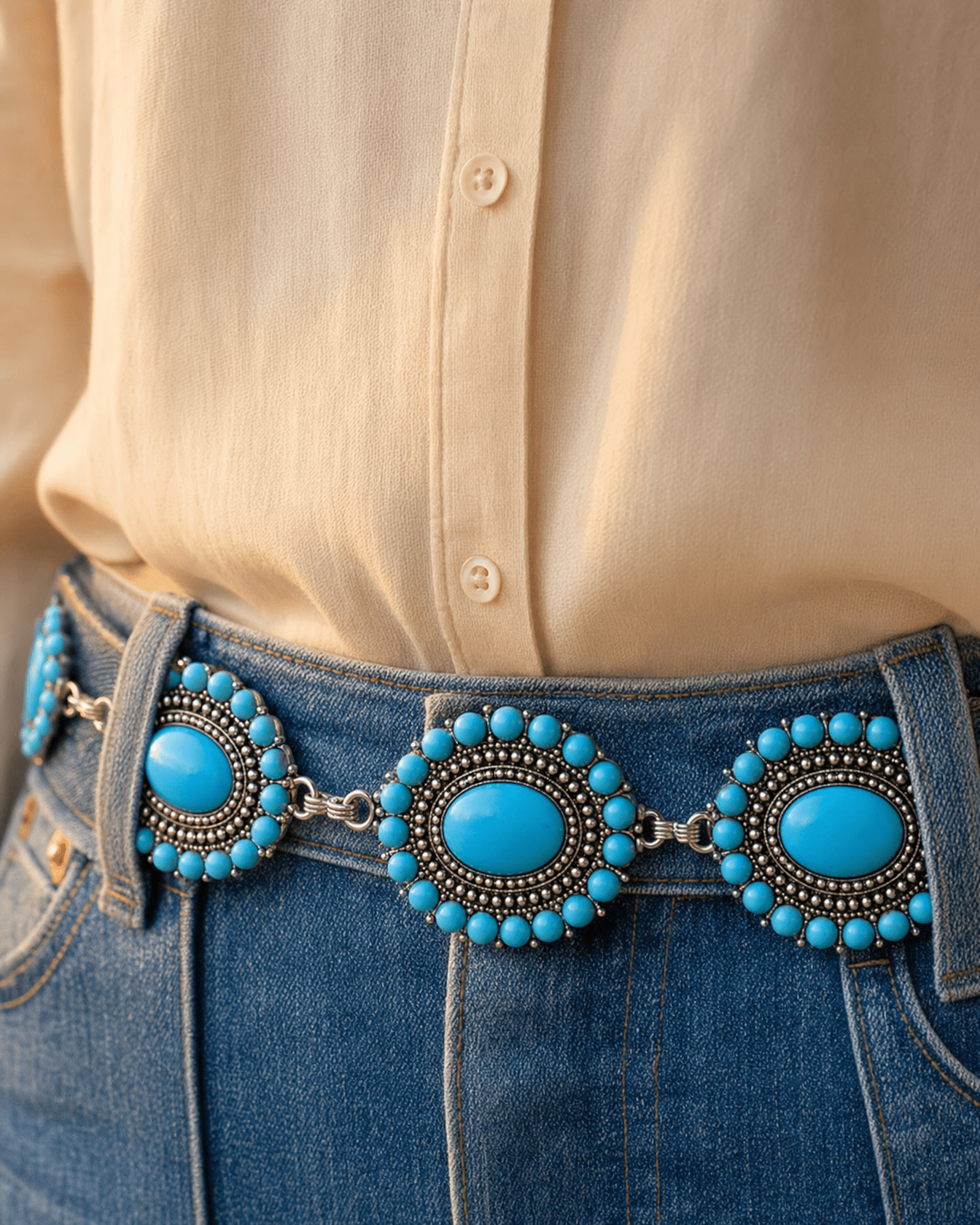 Western Faux Turquoise Cluster Concho Belt — 13 Conchos with 12" Extender & Turquoise Charm (One Size Fits Most) - Cowhide and Conchos