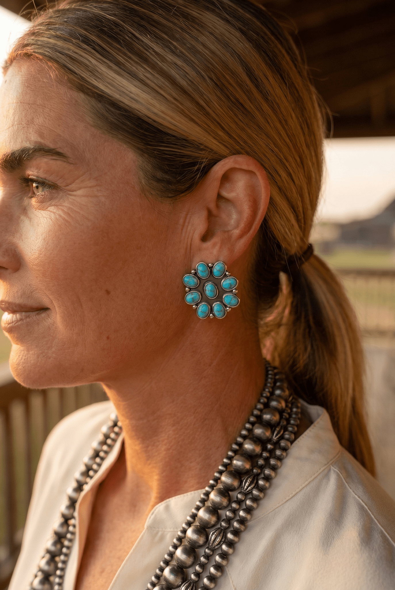 Western Faux Turquoise Cluster Earrings — Oxidized Silver 1" Statement - Cowhide and Conchos