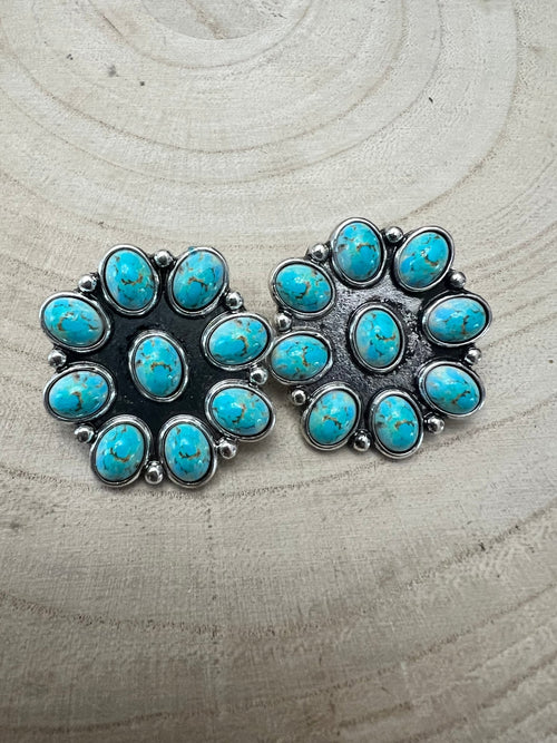 Western Faux Turquoise Cluster Fashion Earrings - Cowhide and Conchos
