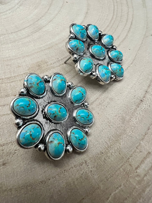 Western Faux Turquoise Cluster Fashion Earrings - Cowhide and Conchos