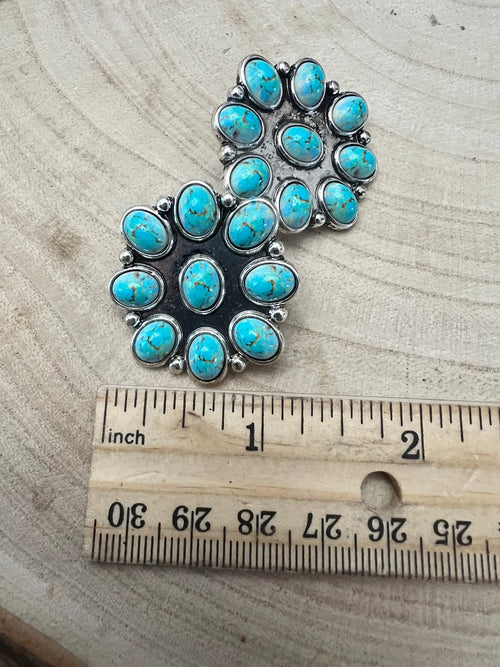 Western Faux Turquoise Cluster Fashion Earrings - Cowhide and Conchos