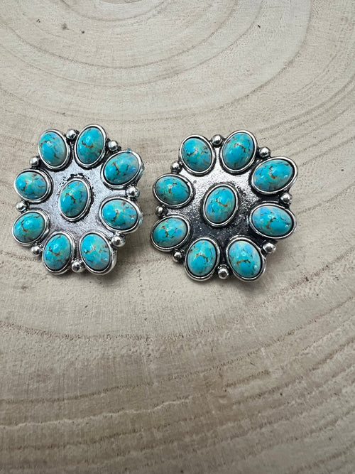 Western Faux Turquoise Cluster Fashion Earrings - Cowhide and Conchos