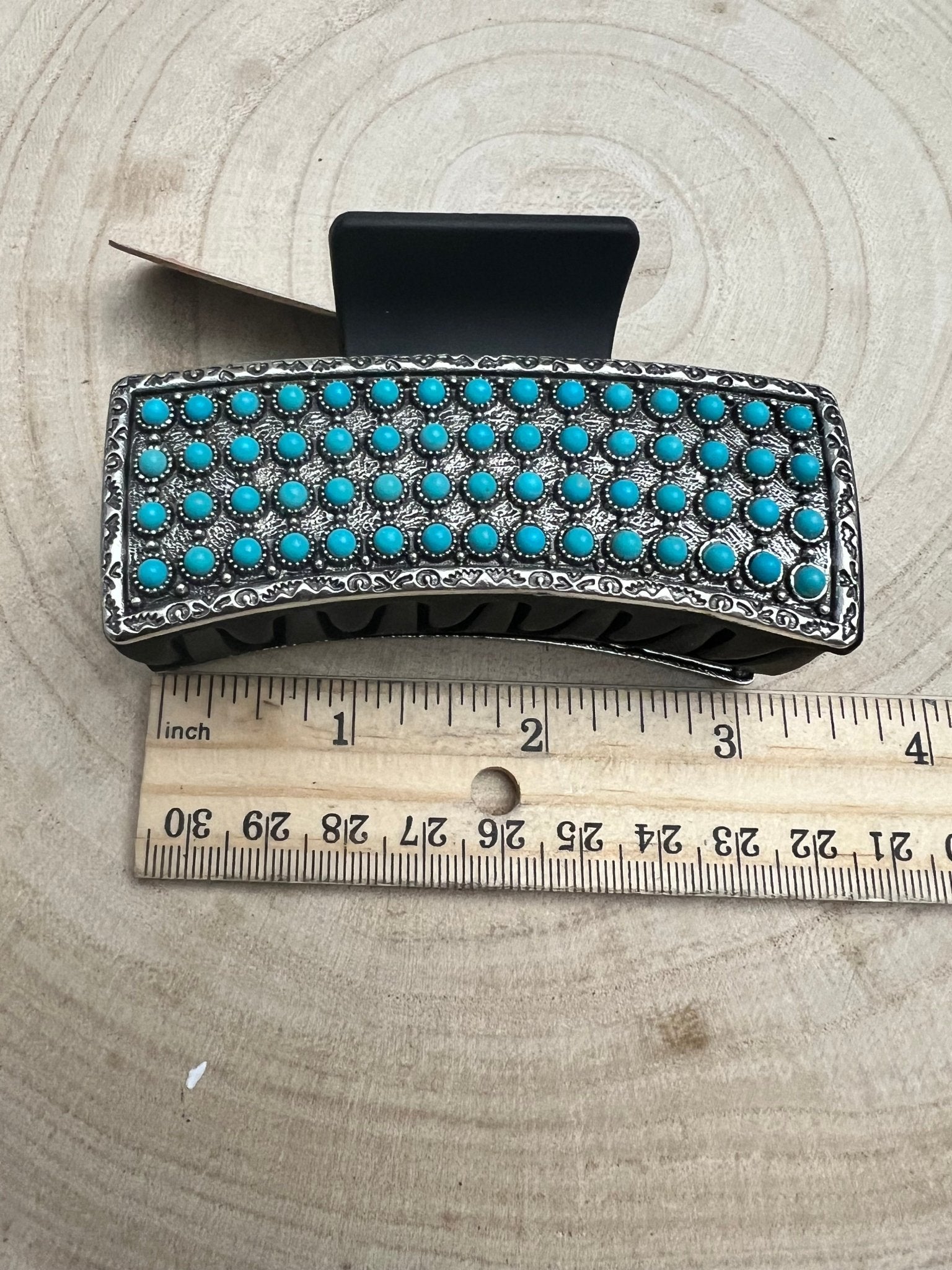 Western Faux Turquoise Cluster Hair Claw Clip - Cowhide and Conchos