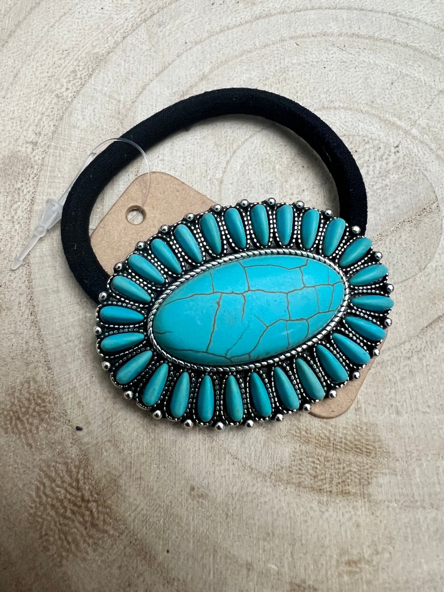 Western Faux Turquoise Cluster Hair Tie - Cowhide and Conchos