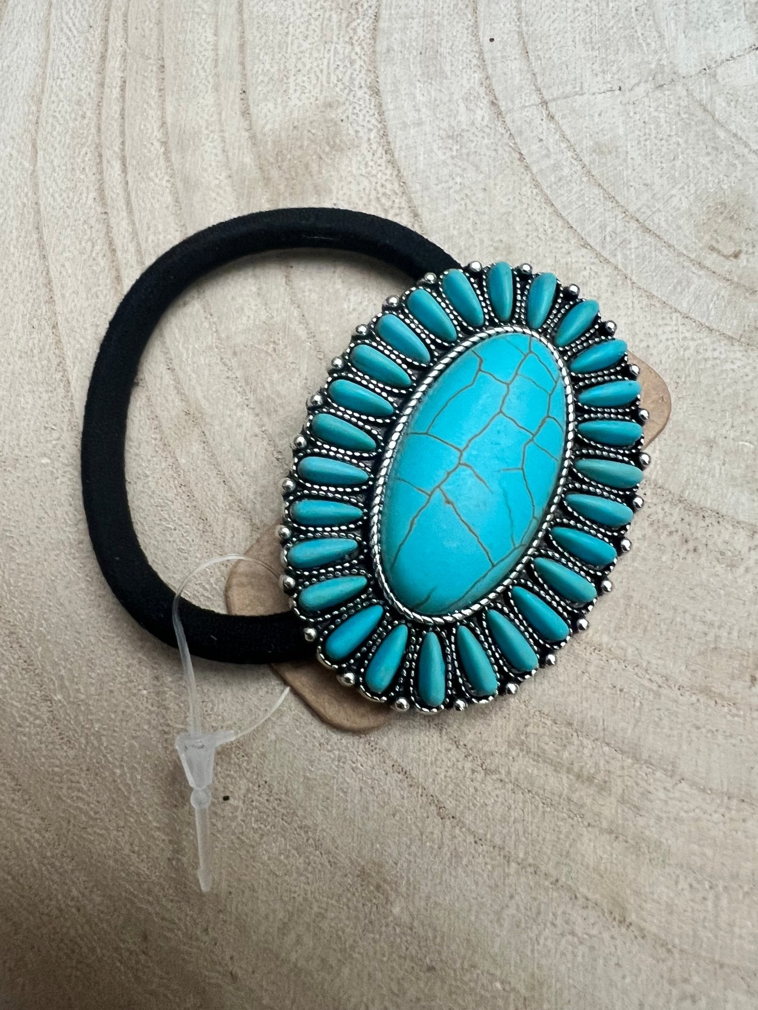Western Faux Turquoise Cluster Hair Tie - Cowhide and Conchos