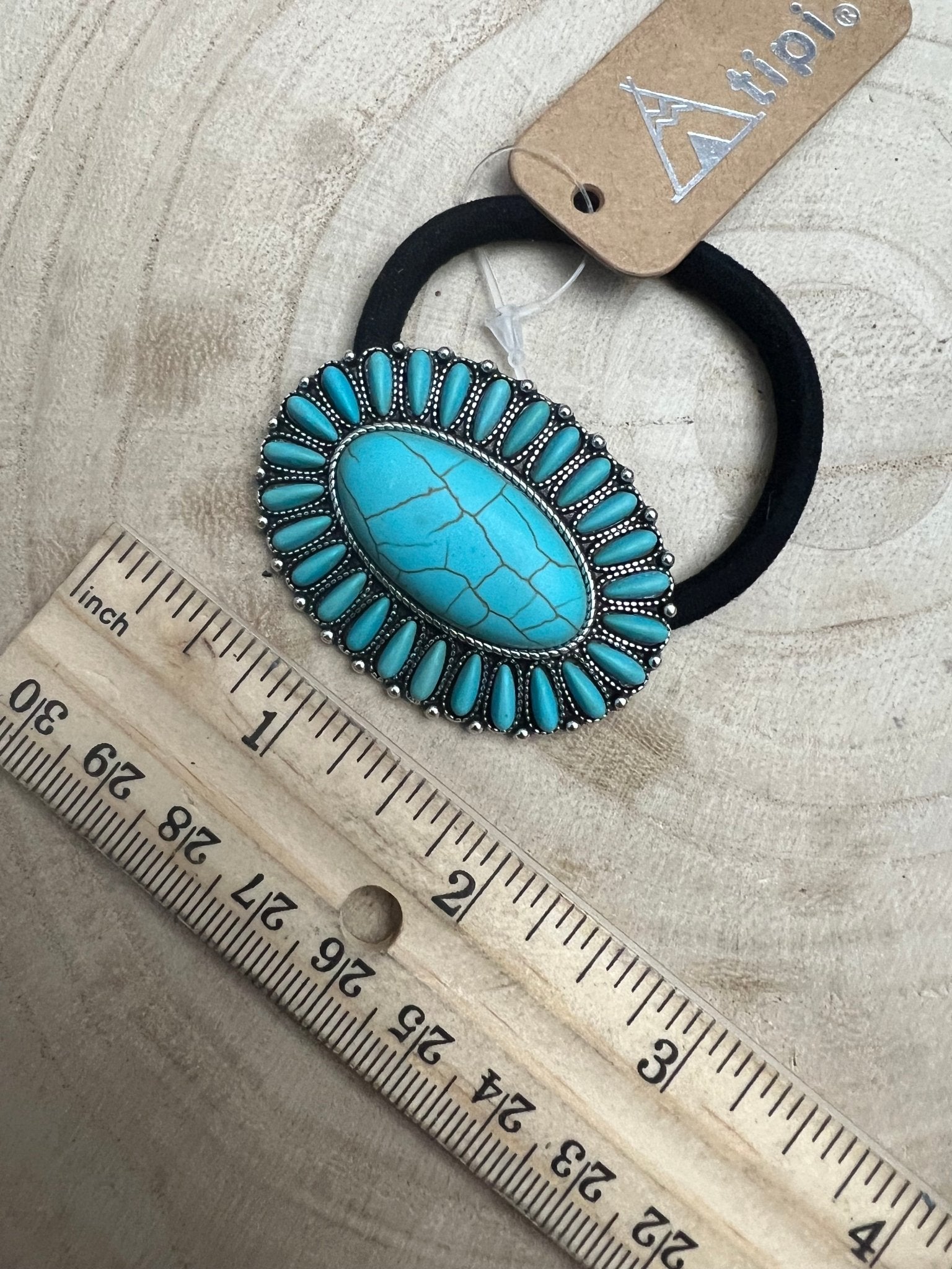 Western Faux Turquoise Cluster Hair Tie - Cowhide and Conchos