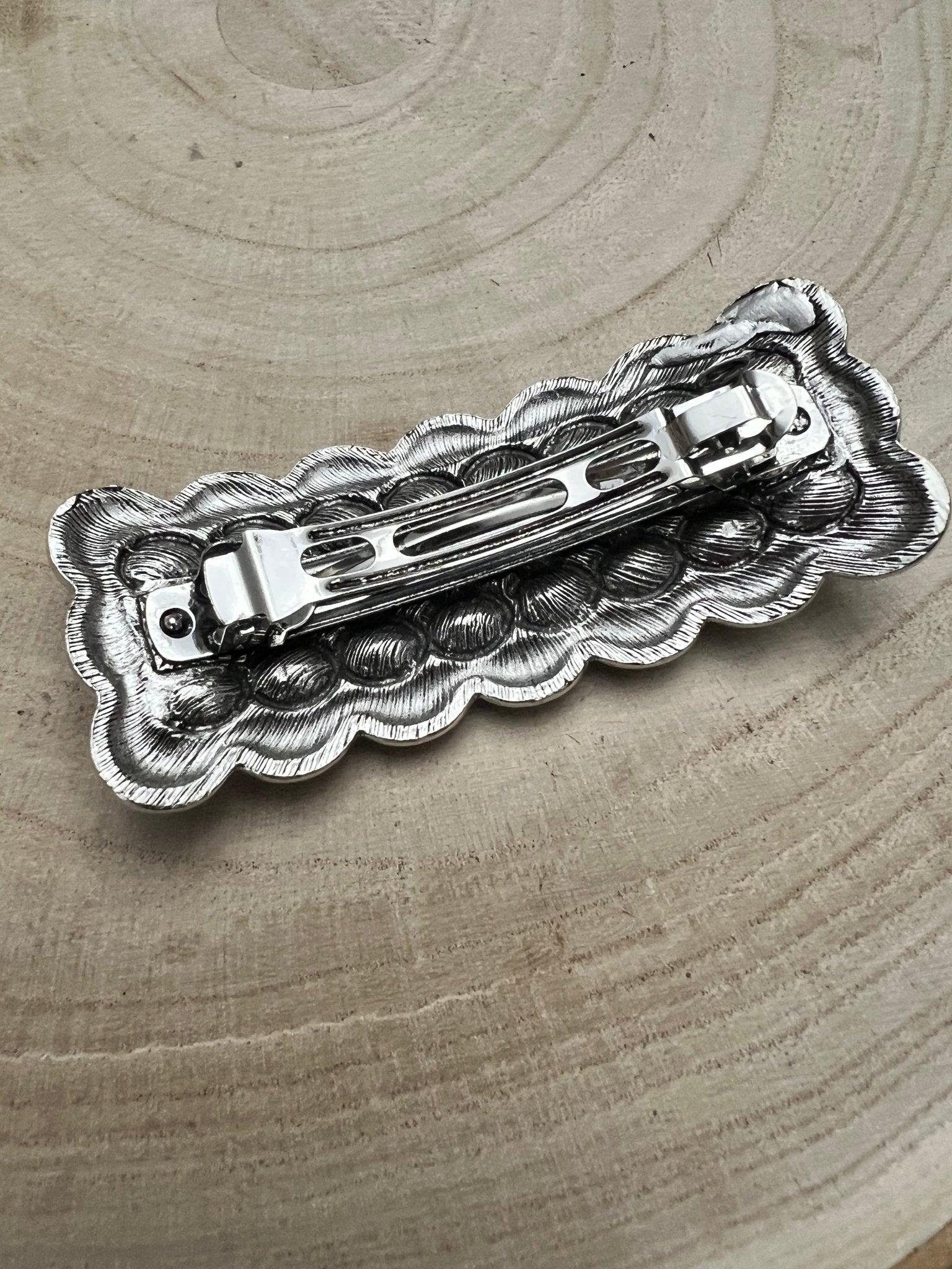 Western Faux Turquoise Cluster Metal Hair Barrette - Cowhide and Conchos