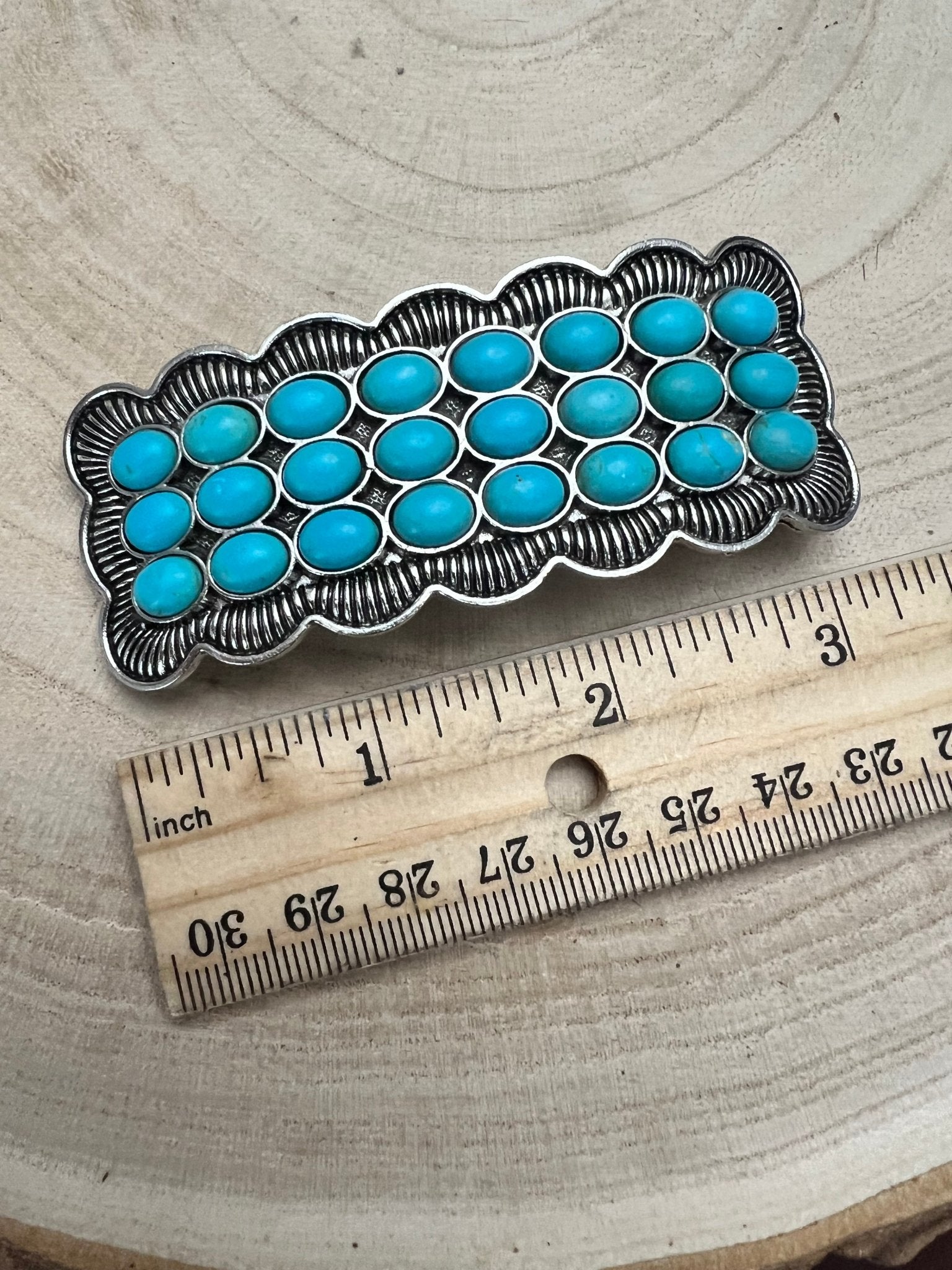 Western Faux Turquoise Cluster Metal Hair Barrette - Cowhide and Conchos