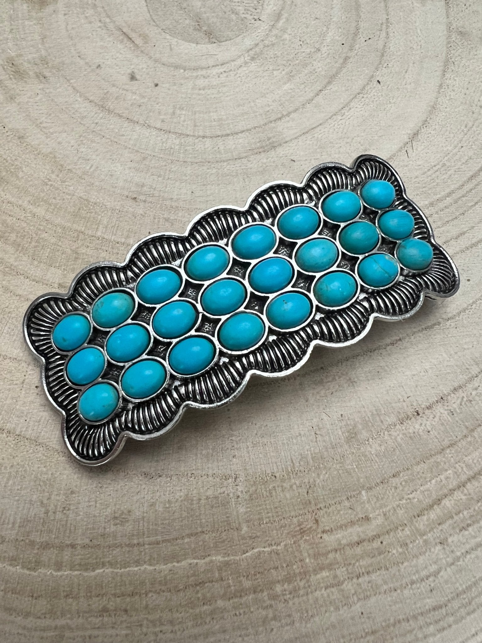 Western Faux Turquoise Cluster Metal Hair Barrette - Cowhide and Conchos