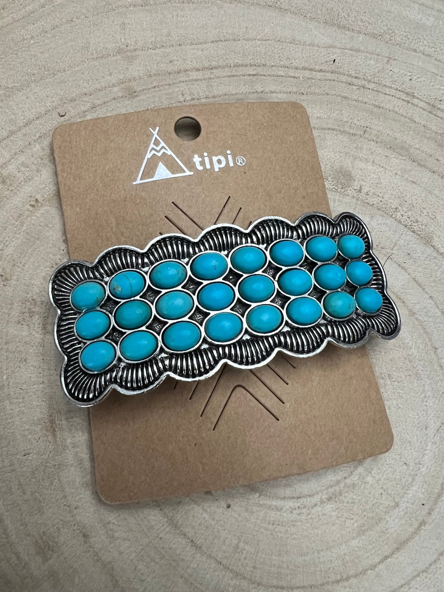 Western Faux Turquoise Cluster Metal Hair Barrette - Cowhide and Conchos