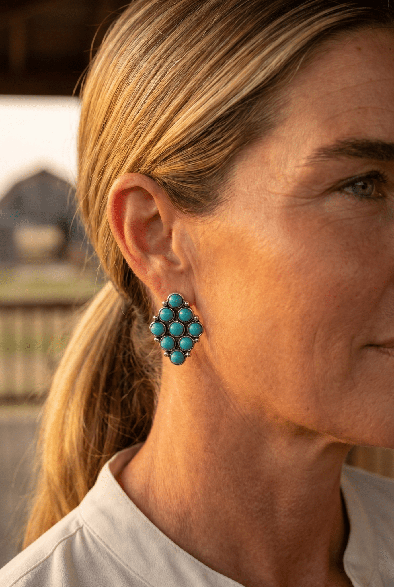 Western Faux Turquoise Cluster Post Earrings — Petite 1" Drop - Cowhide and Conchos