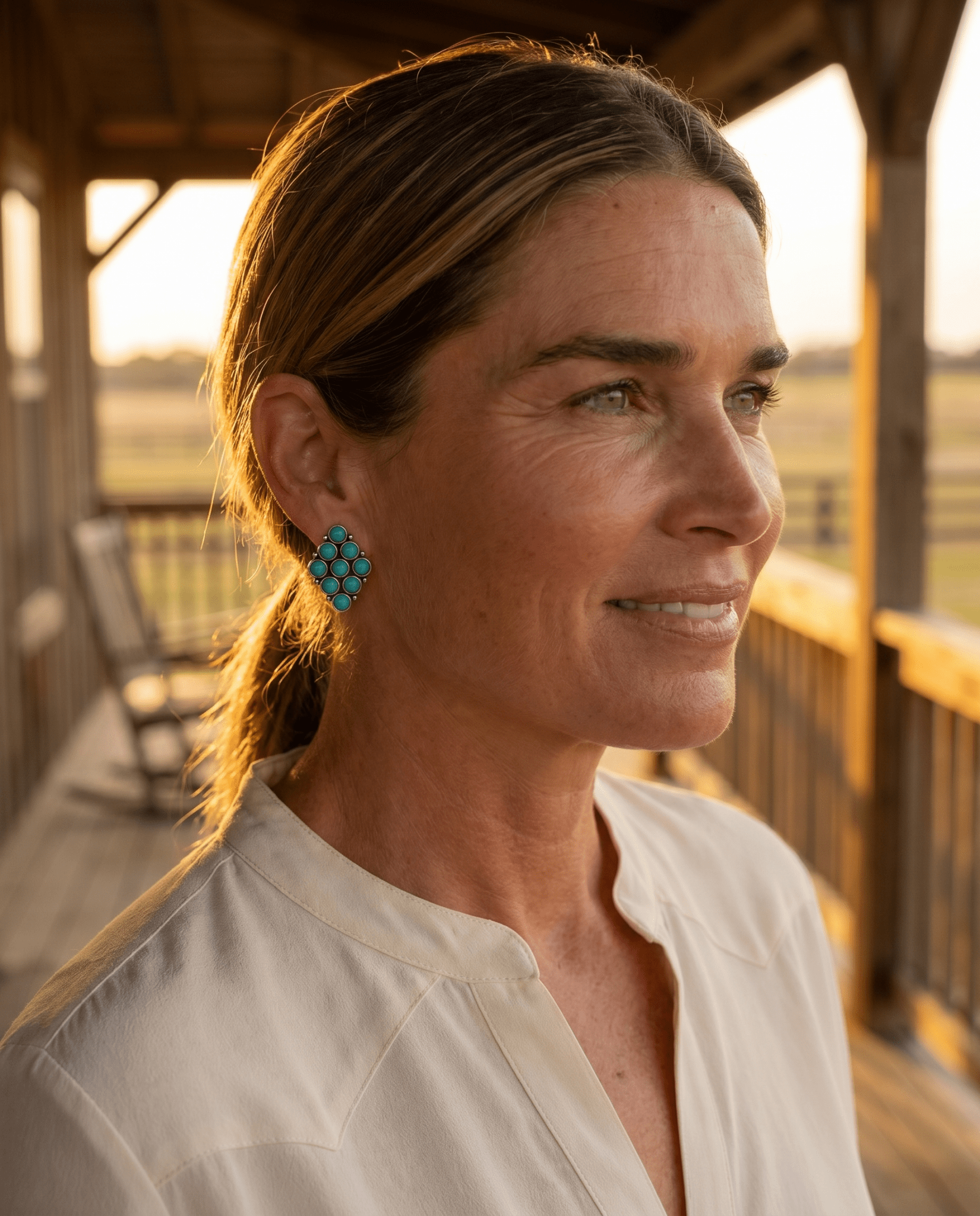Western Faux Turquoise Cluster Post Earrings — Petite 1" Drop - Cowhide and Conchos