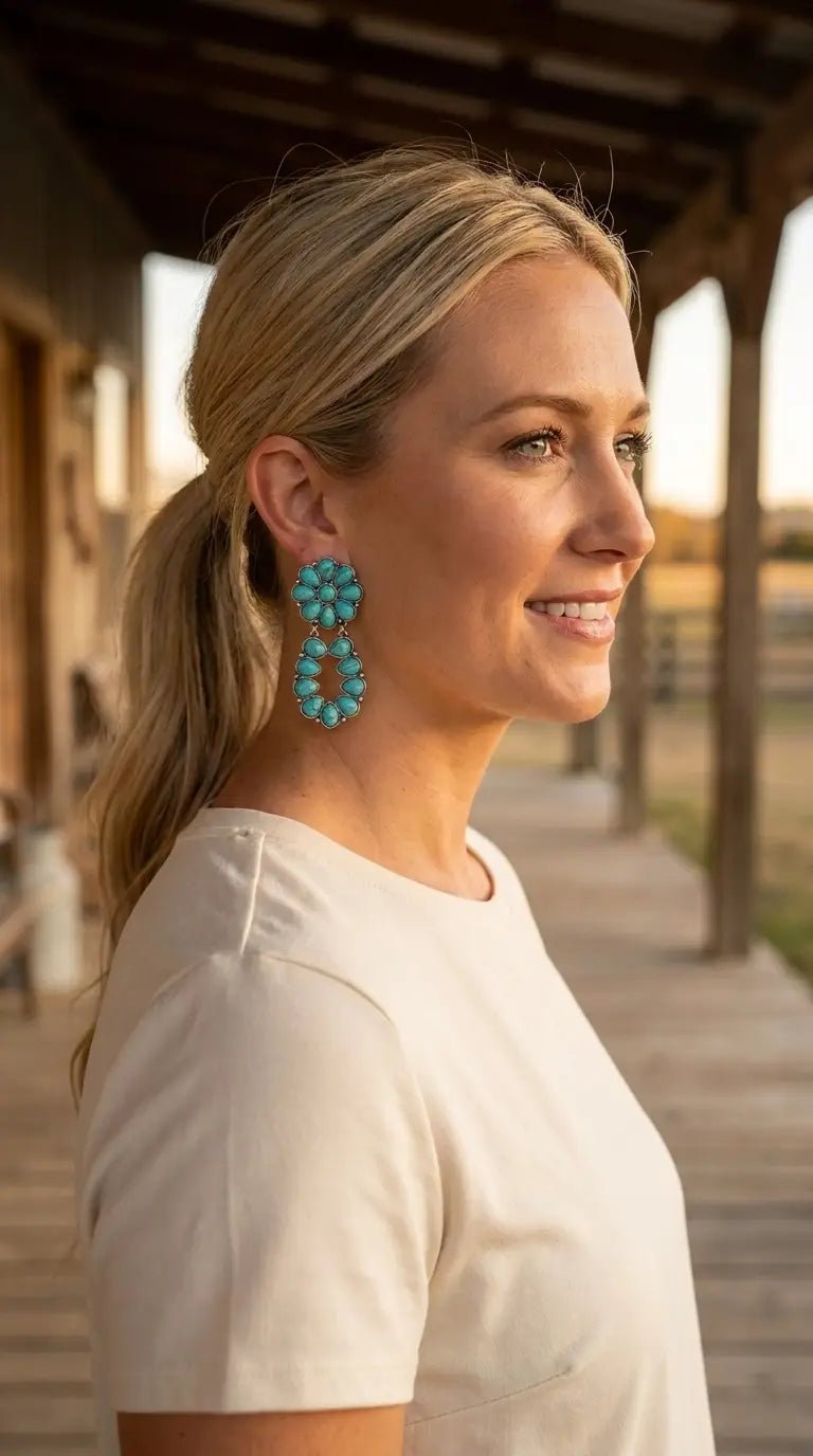 Western Faux Turquoise Cluster Post Earrings — Statement 2¼" Drop - Cowhide and Conchos