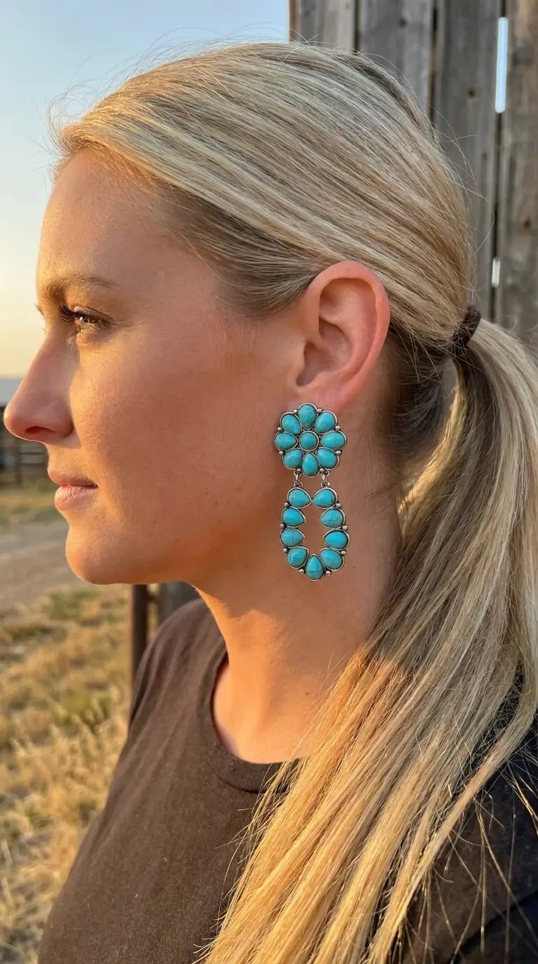 Western Faux Turquoise Cluster Post Earrings — Statement 2¼" Drop - Cowhide and Conchos