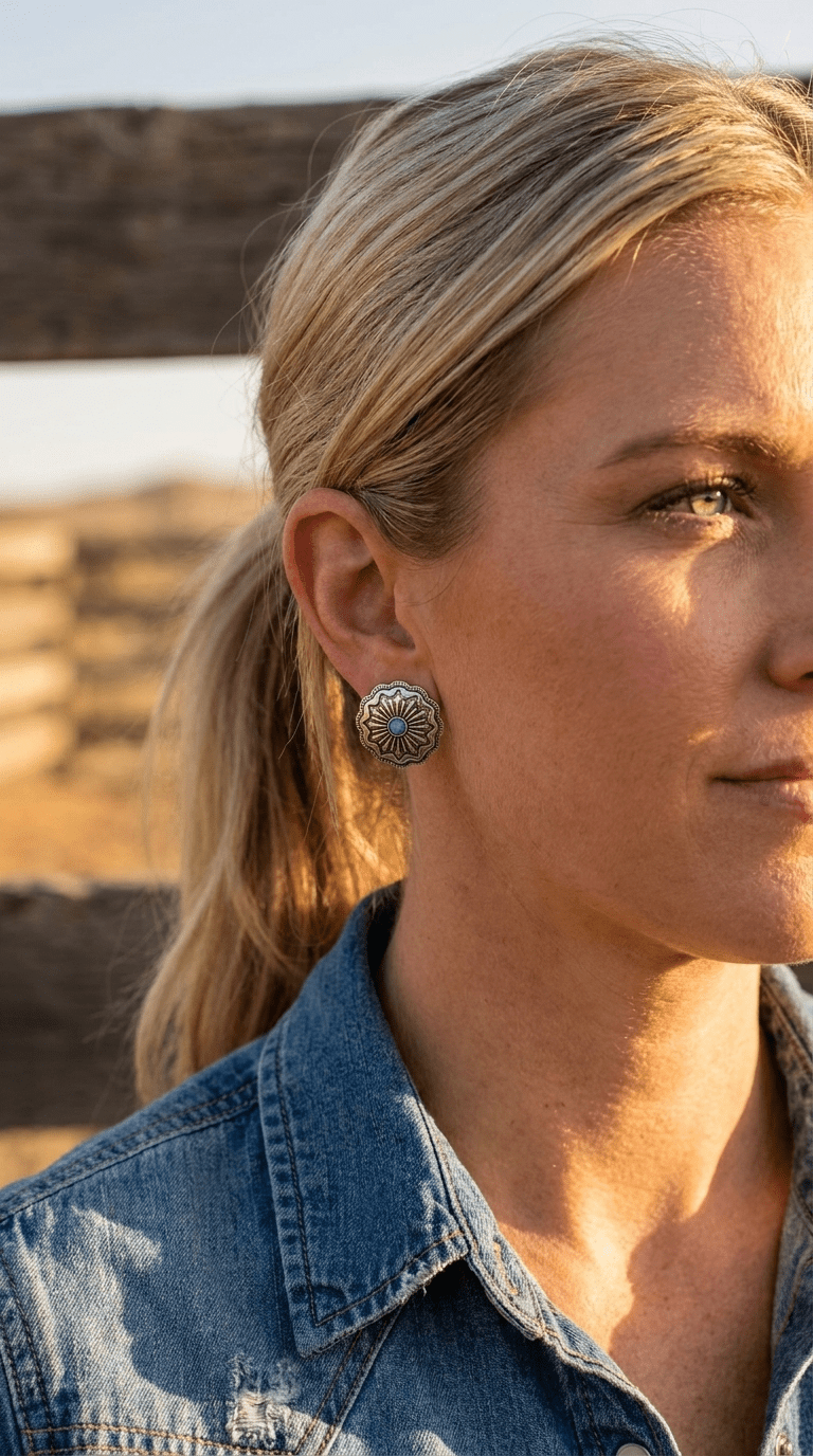 Western Faux Turquoise Concho Post Earrings — Petite 3/4" Drop - Cowhide and Conchos