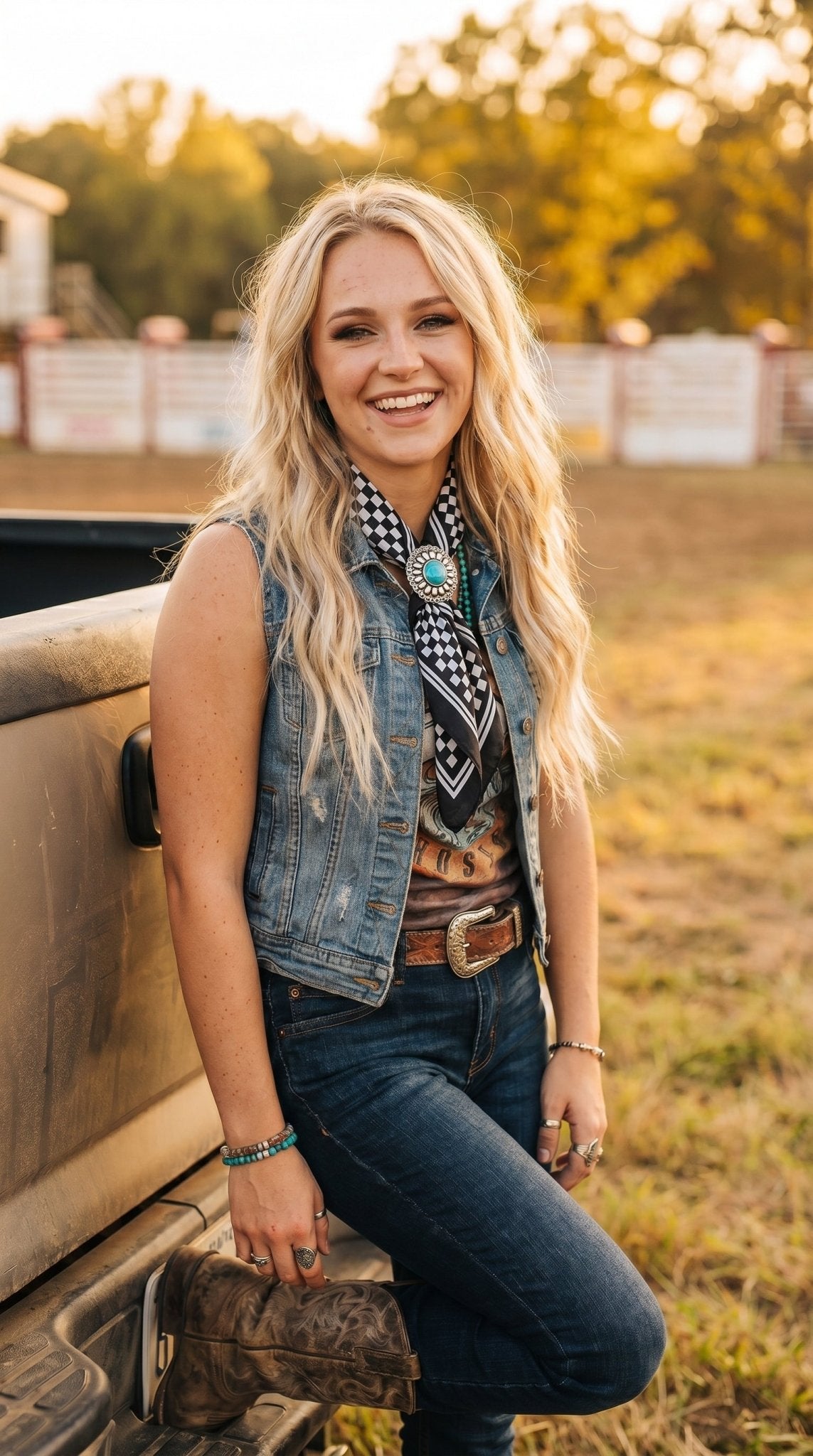 Western Faux Turquoise Concho Scarf Slide - Cowhide and Conchos