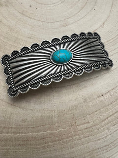 Western Faux Turquoise Etched Silver Metal Hair Barrette - Cowhide and Conchos