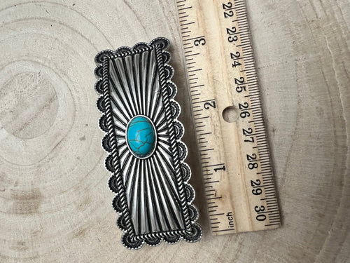 Western Faux Turquoise Etched Silver Metal Hair Barrette - Cowhide and Conchos