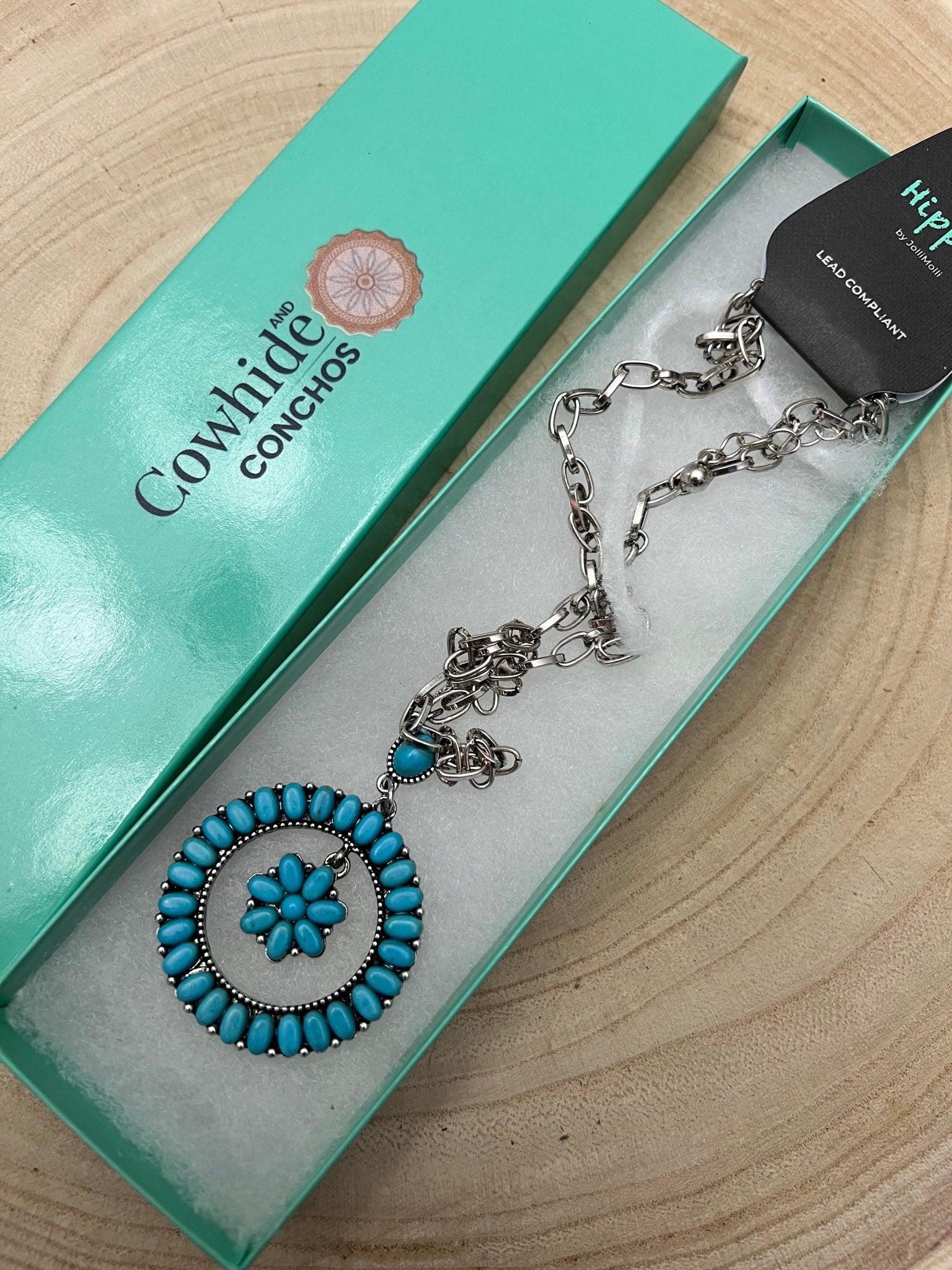 Western Faux Turquoise Flower Cluster Necklace - 18 inch - Cowhide and Conchos