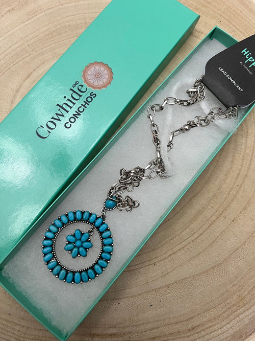 Western Faux Turquoise Flower Cluster Necklace - 18 inch - Cowhide and Conchos