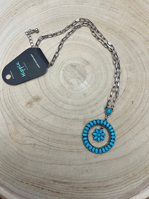 Western Faux Turquoise Flower Cluster Necklace - 18 inch - Cowhide and Conchos
