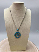Western Faux Turquoise Flower Cluster Necklace - 18 inch - Cowhide and Conchos