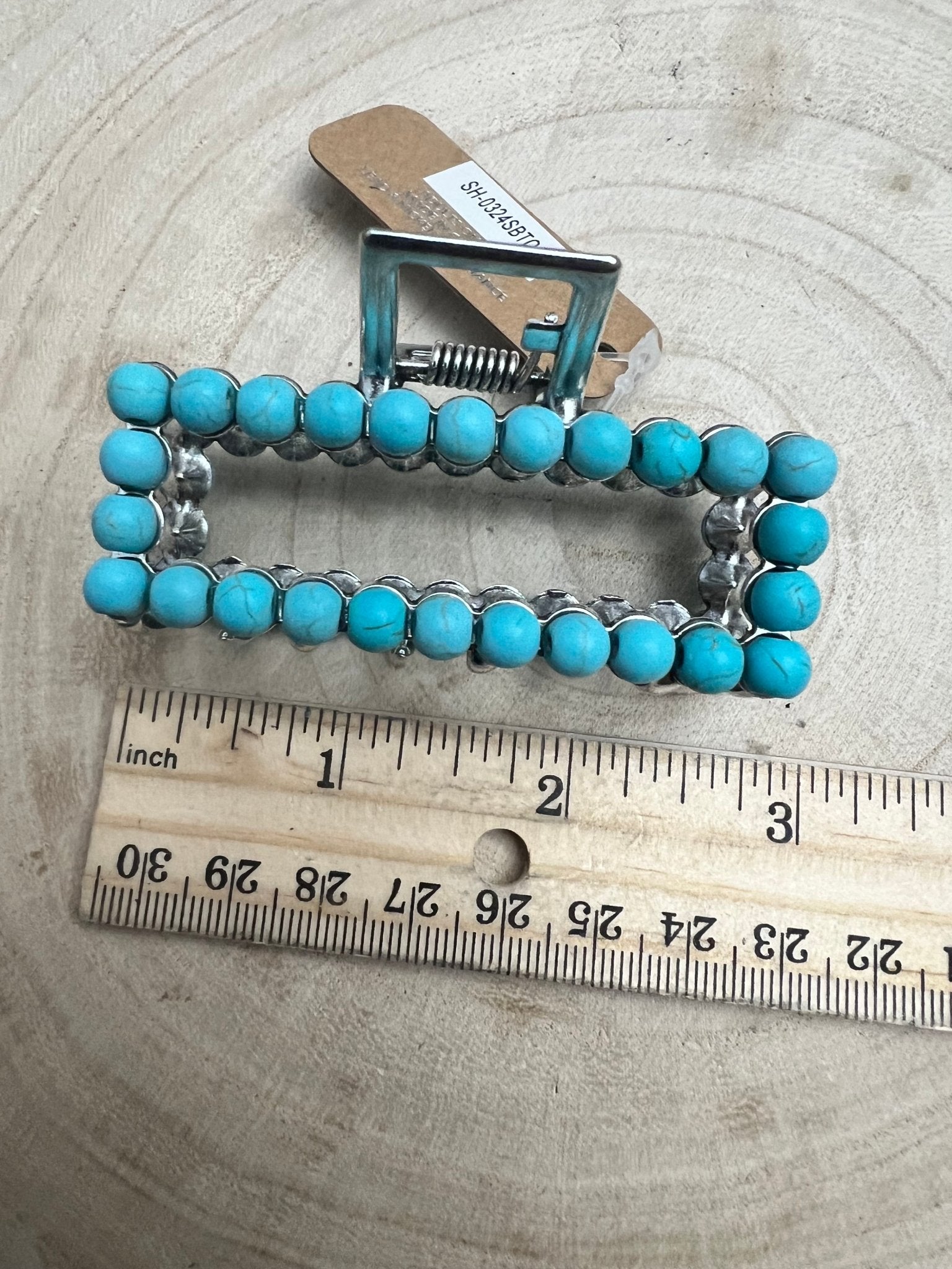 Western Faux Turquoise Rectangle Hair Claw Clip - Cowhide and Conchos