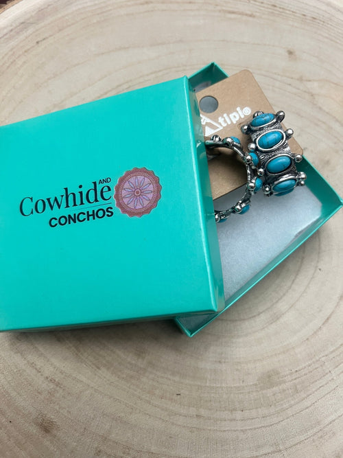 Western Faux Turquoise Small Hoop Earrings - Cowhide and Conchos