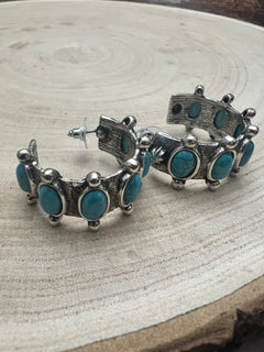 Western Faux Turquoise Small Hoop Earrings - Cowhide and Conchos