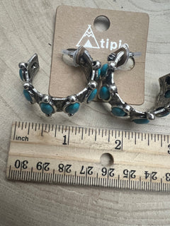 Western Faux Turquoise Small Hoop Earrings - Cowhide and Conchos