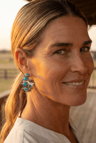 Western Faux Turquoise Small Hoop Earrings — Oxidized Silver 1½" Drop - Cowhide and Conchos
