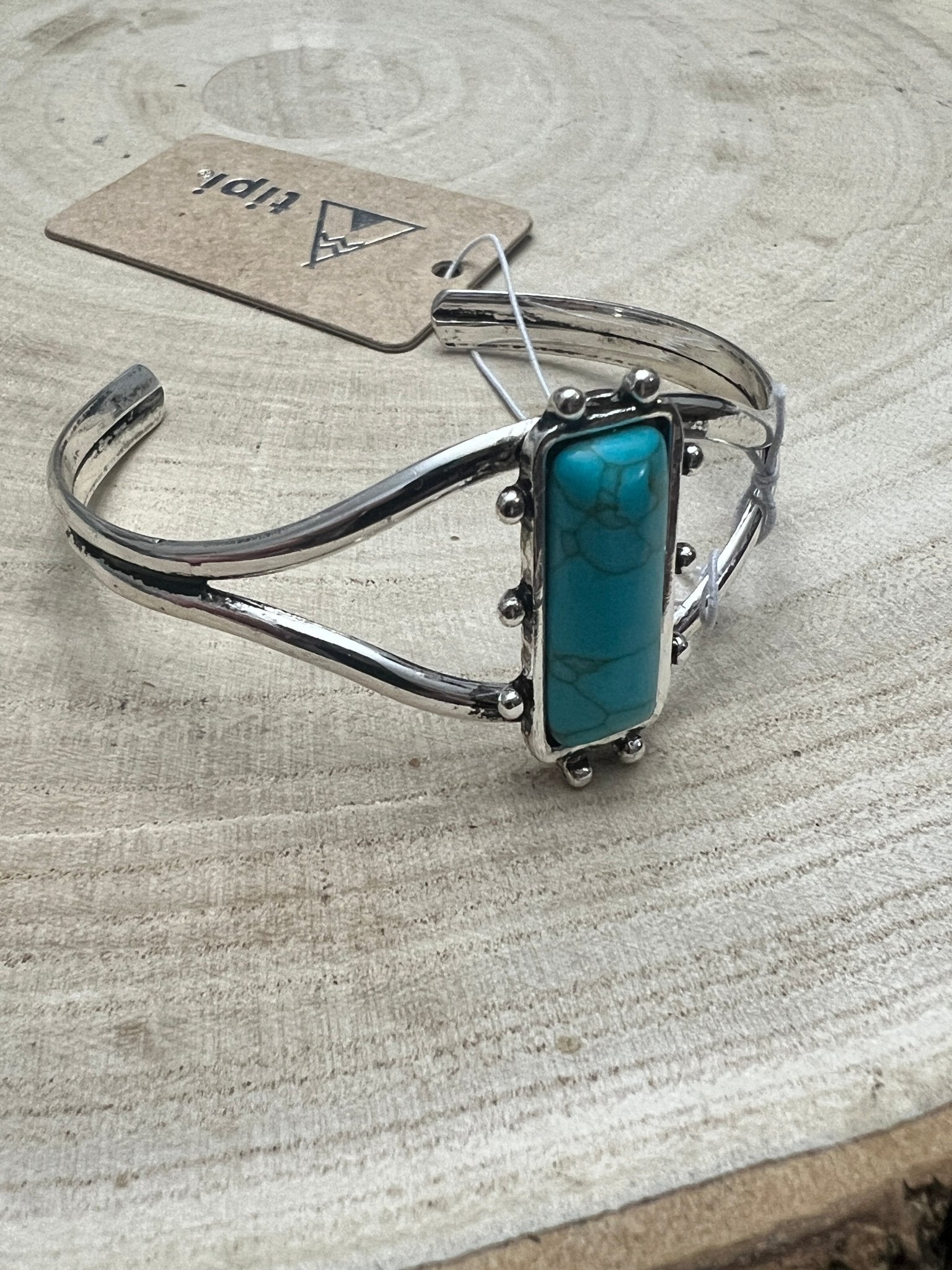 Western Faux Turquoise Stone Silver Colored Bracelet - Cowhide and Conchos