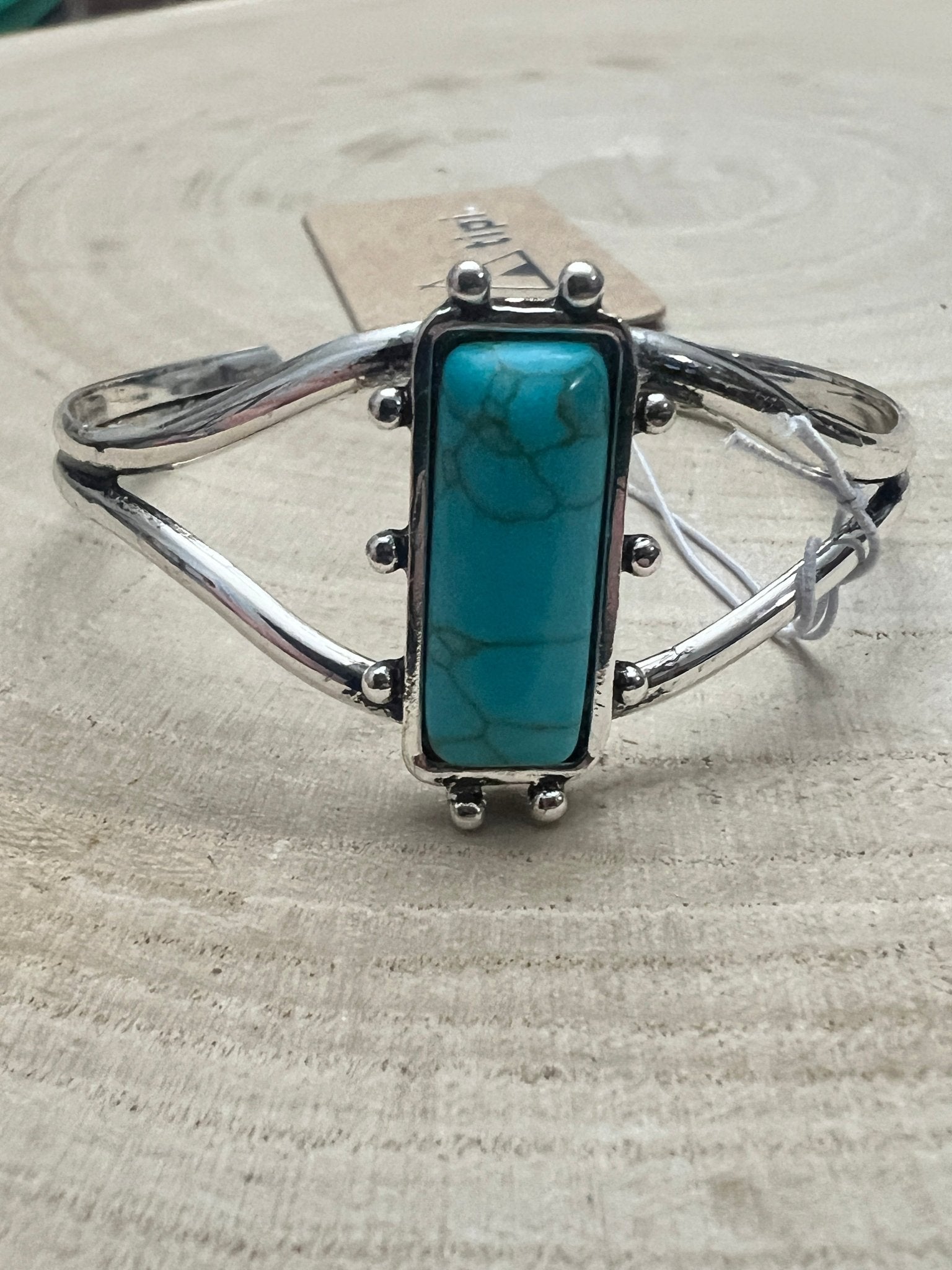 Western Faux Turquoise Stone Silver Colored Bracelet - Cowhide and Conchos