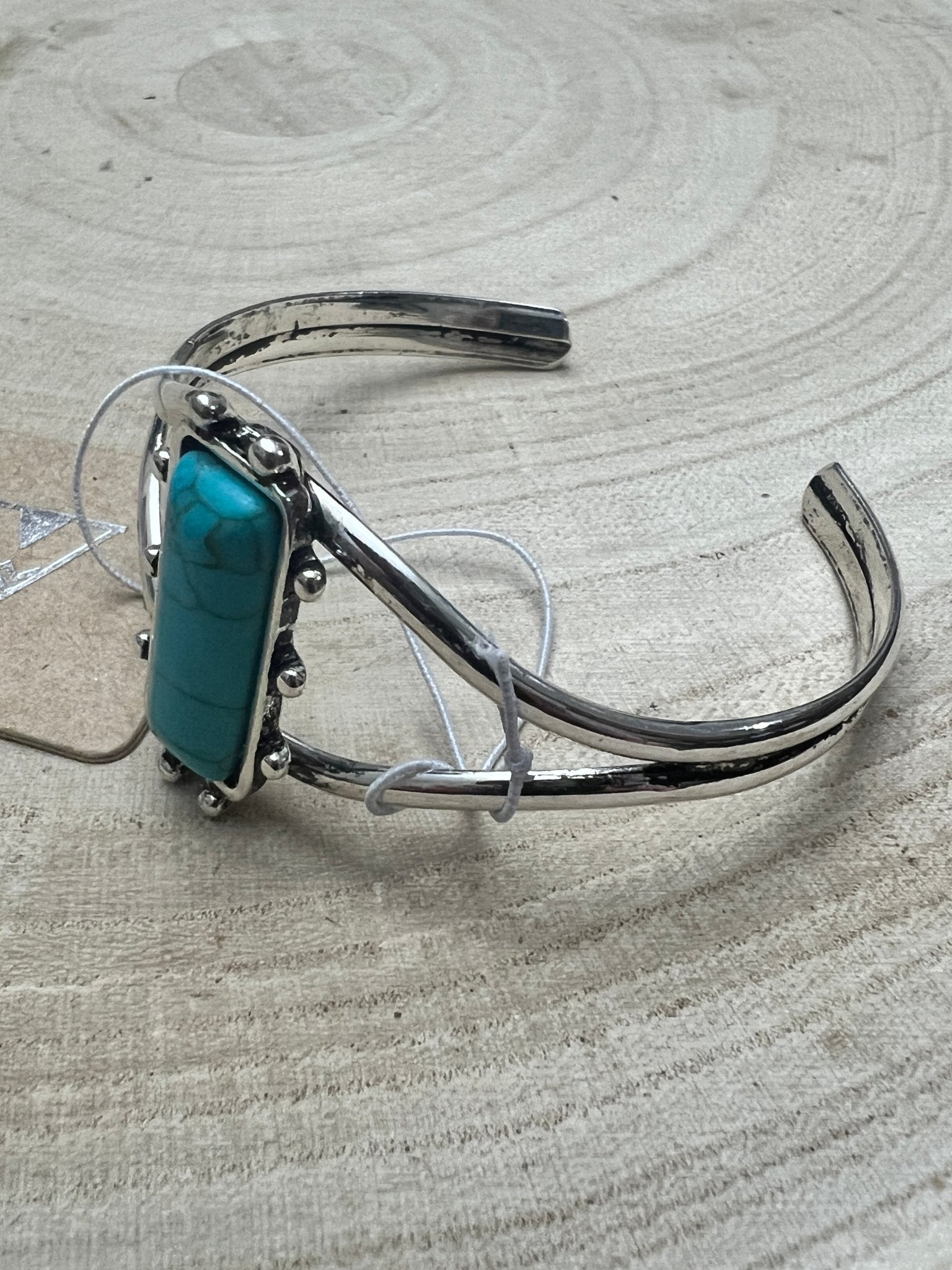 Western Faux Turquoise Stone Silver Colored Bracelet - Cowhide and Conchos