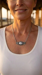 Western Faux White Buffalo Bar Necklace — 18 Inch with Extender - Cowhide and Conchos