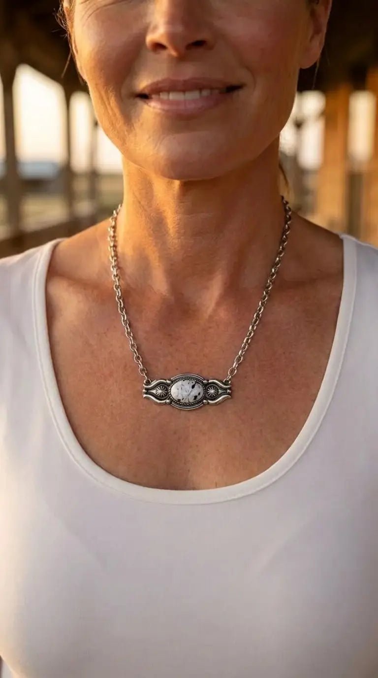 Western Faux White Buffalo Bar Necklace — 18 Inch with Extender - Cowhide and Conchos